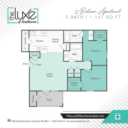 2 bed 2 bath floor plan at The Luxe of Southaven, Southaven